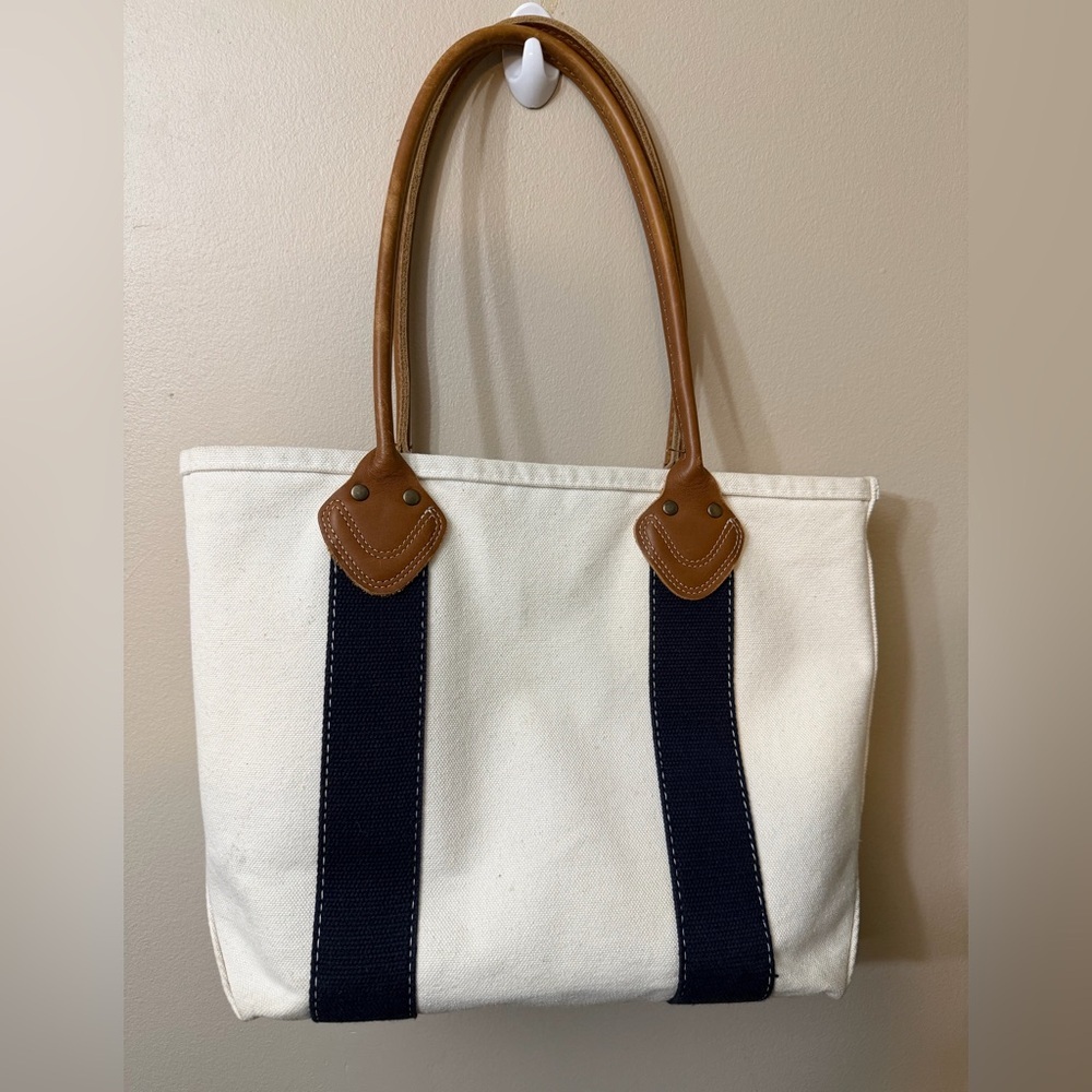 L.L. Bean White Canvas Tote with Navy Straps and Brown Leather Handles - Picture 2 of 11